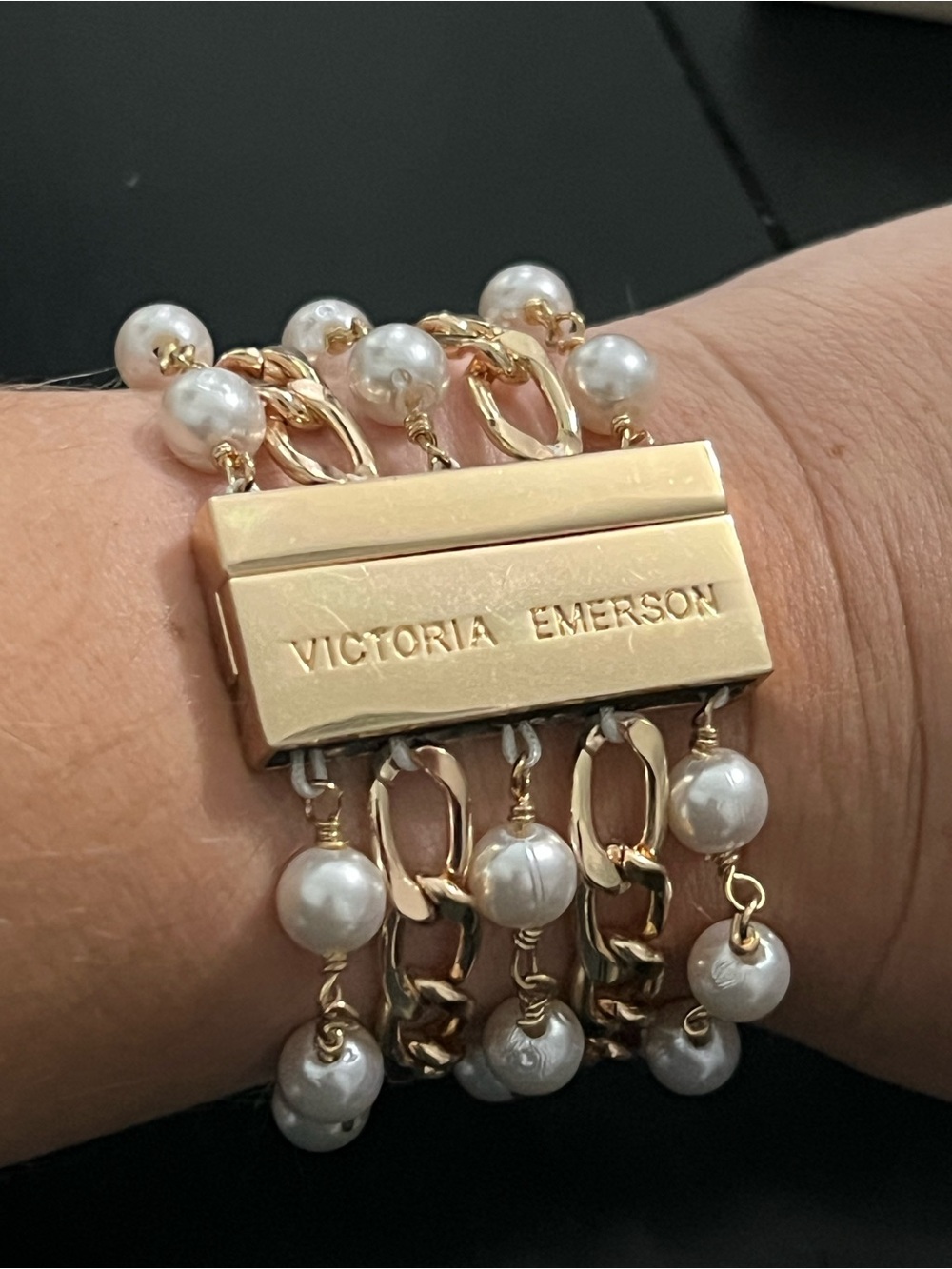 Victoria Emerson Gold and White Magnetic Multi-Row Chain Bracelet with Pearls